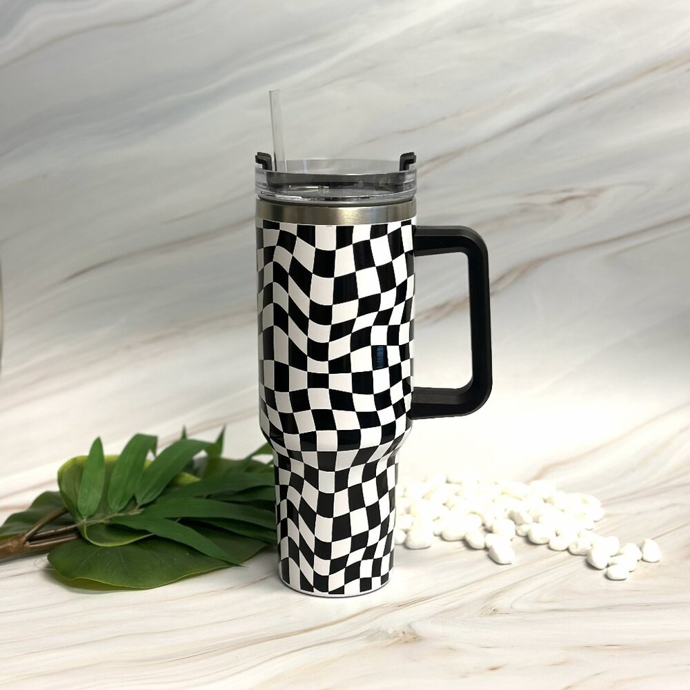 Stylish Checker Large 40oz Water Cup With Handle & Straw - Black White